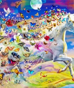 White Unicorn And Butterflies Diamond Painting
